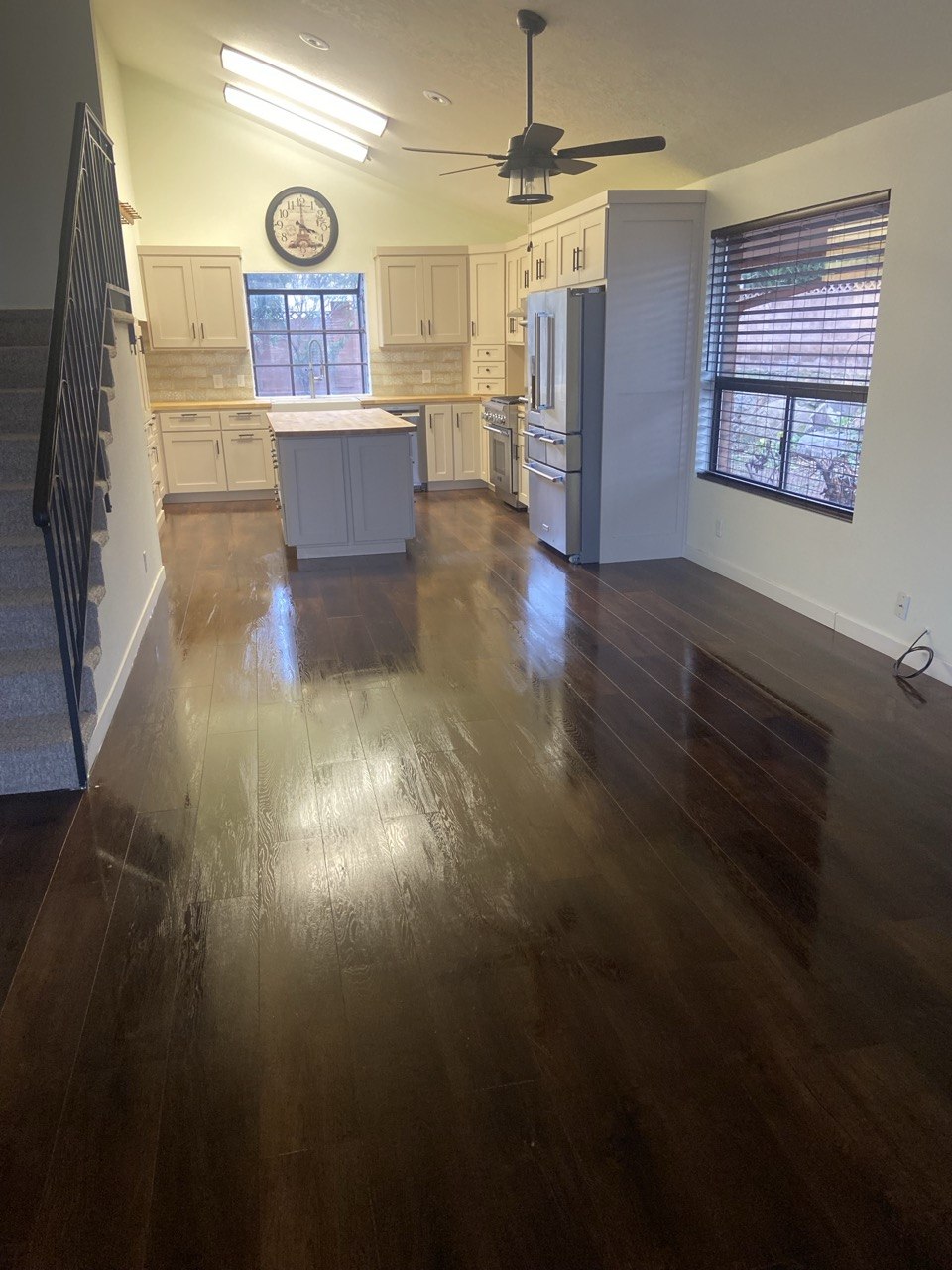 Sparkling clean kitchen with gleaming hardwood floors